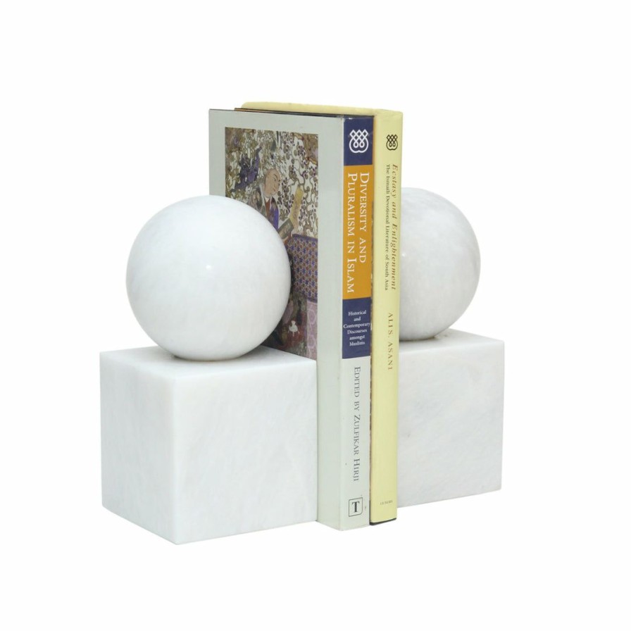 Living * | Designs By Marble Crafters Inc. Ball & Cube Bookends Pearl