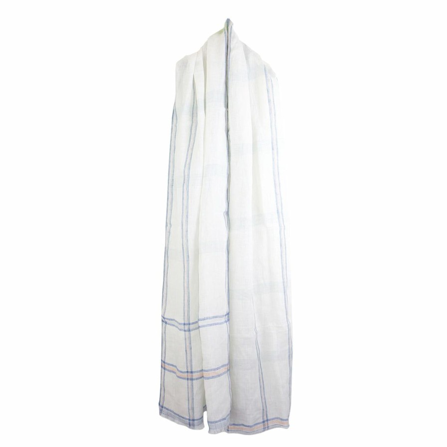 Accessories * | Sadhu Summer Cream And Blue Window Pane Linen Scarf