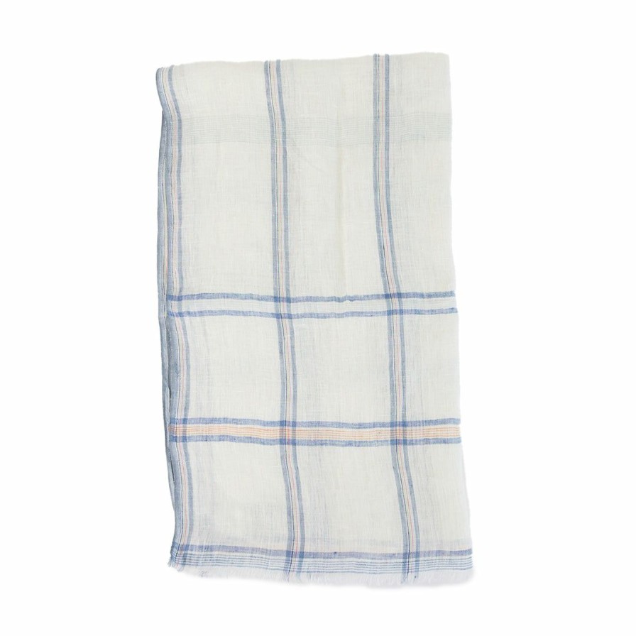 Accessories * | Sadhu Summer Cream And Blue Window Pane Linen Scarf